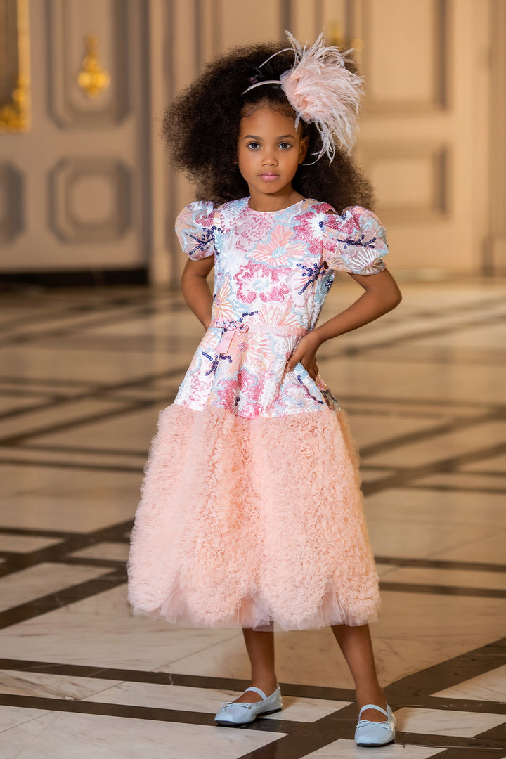 Floral sequin dress with frisee tulle scallop skirt