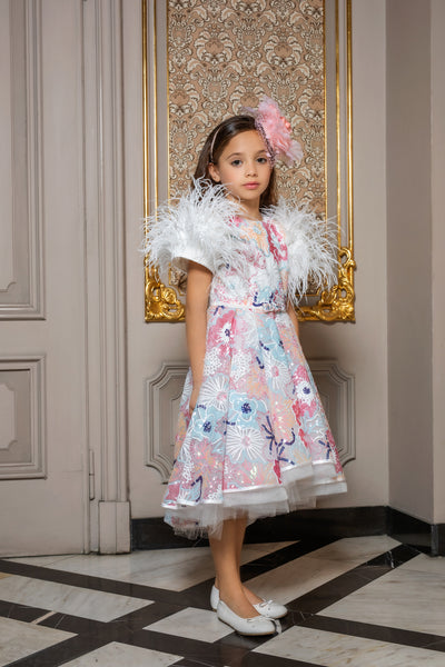 Floral sequin dress with white feather sleeves