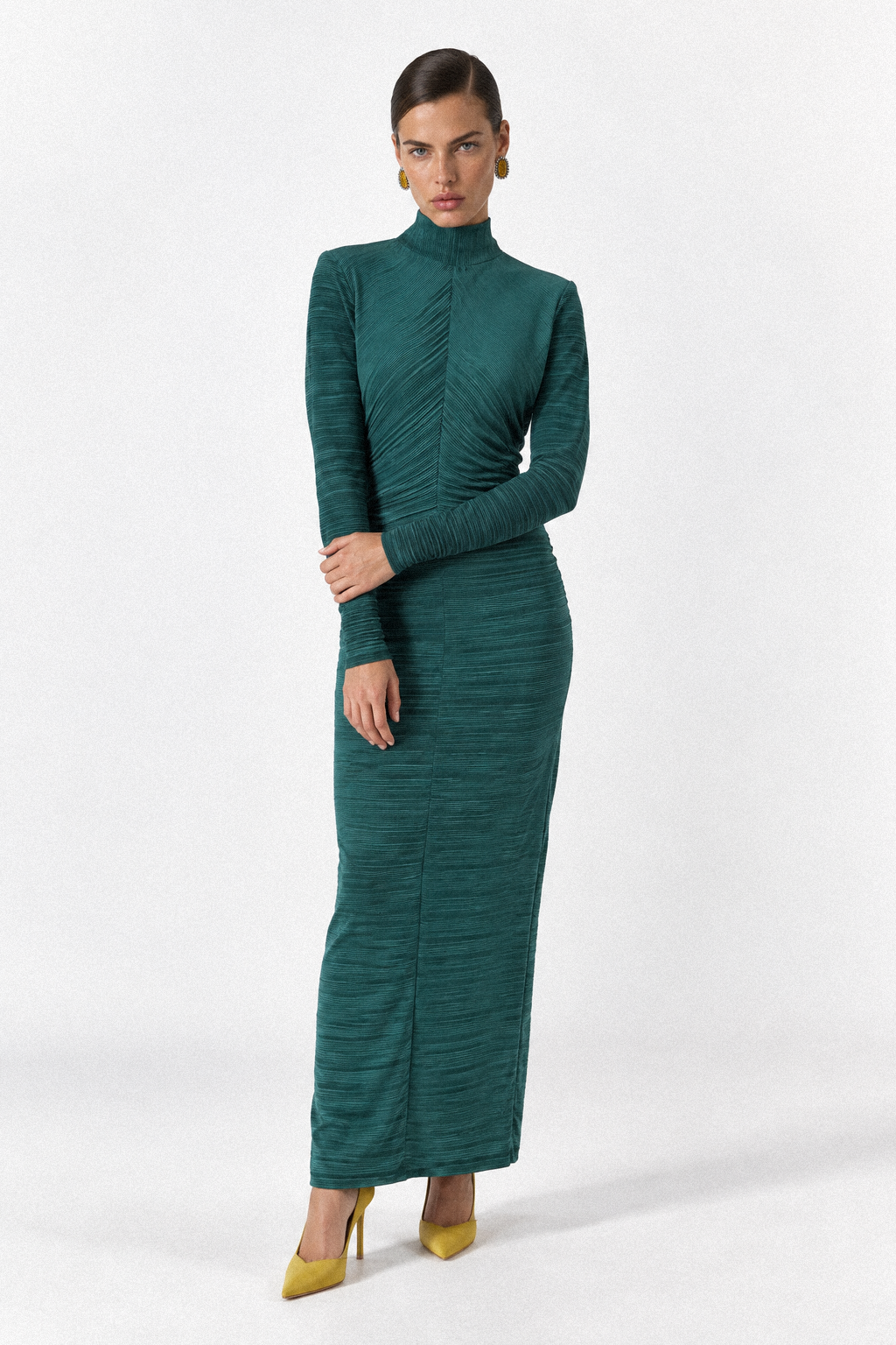 SELENE full-length pleated dress in deep petrol green - front view