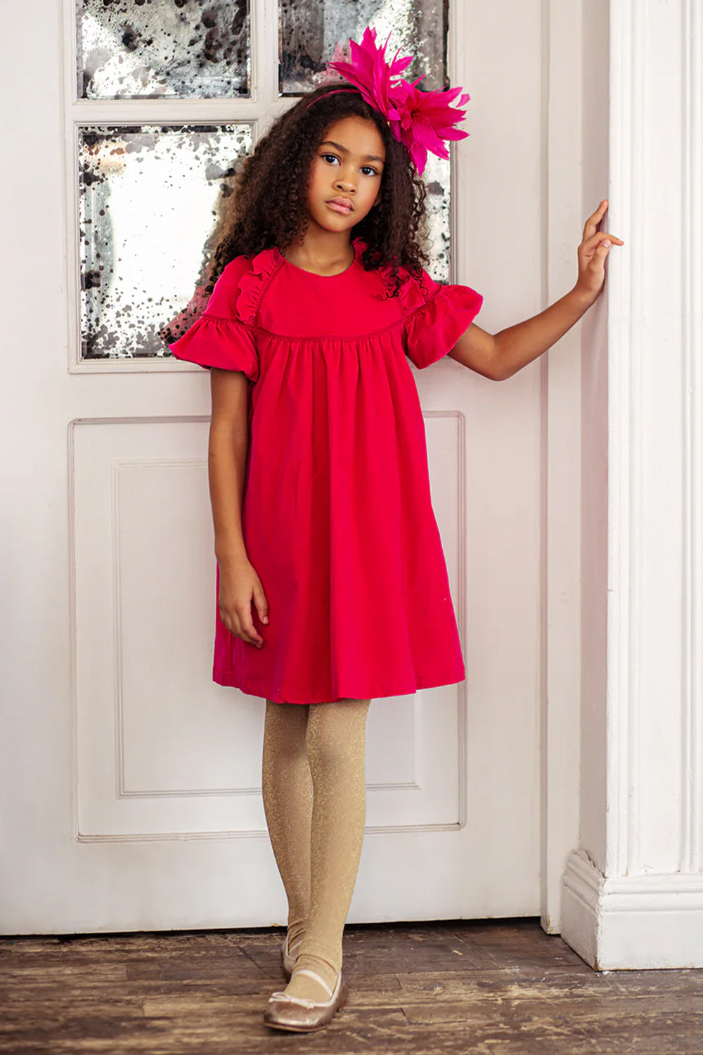 Fuchisa cotton velvet dress with frills
