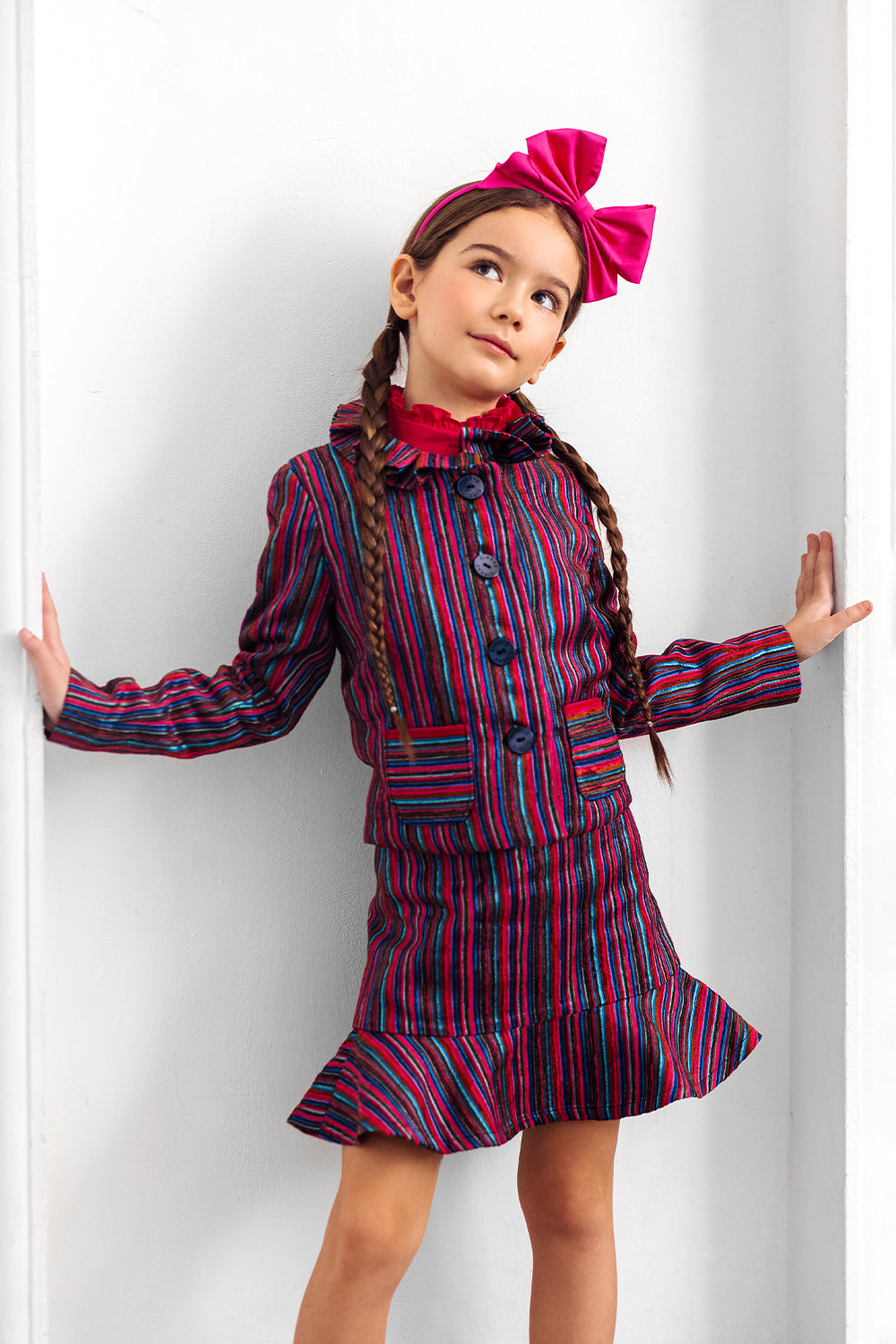 Fuchisa, pink, blue and brown corduroy jacket with mother of pearl branded buttons