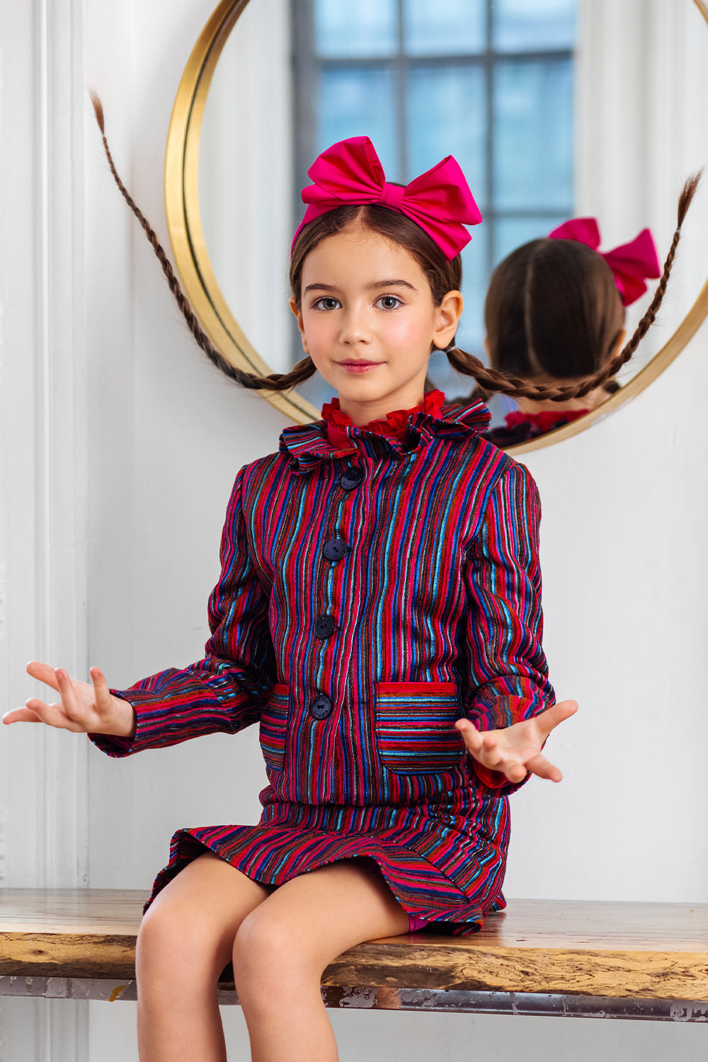 Fuchisa, pink, blue and brown corduroy jacket with mother of pearl branded buttons