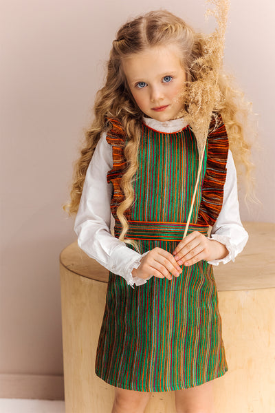 Green, orange and fuchisa velvet dress with frills