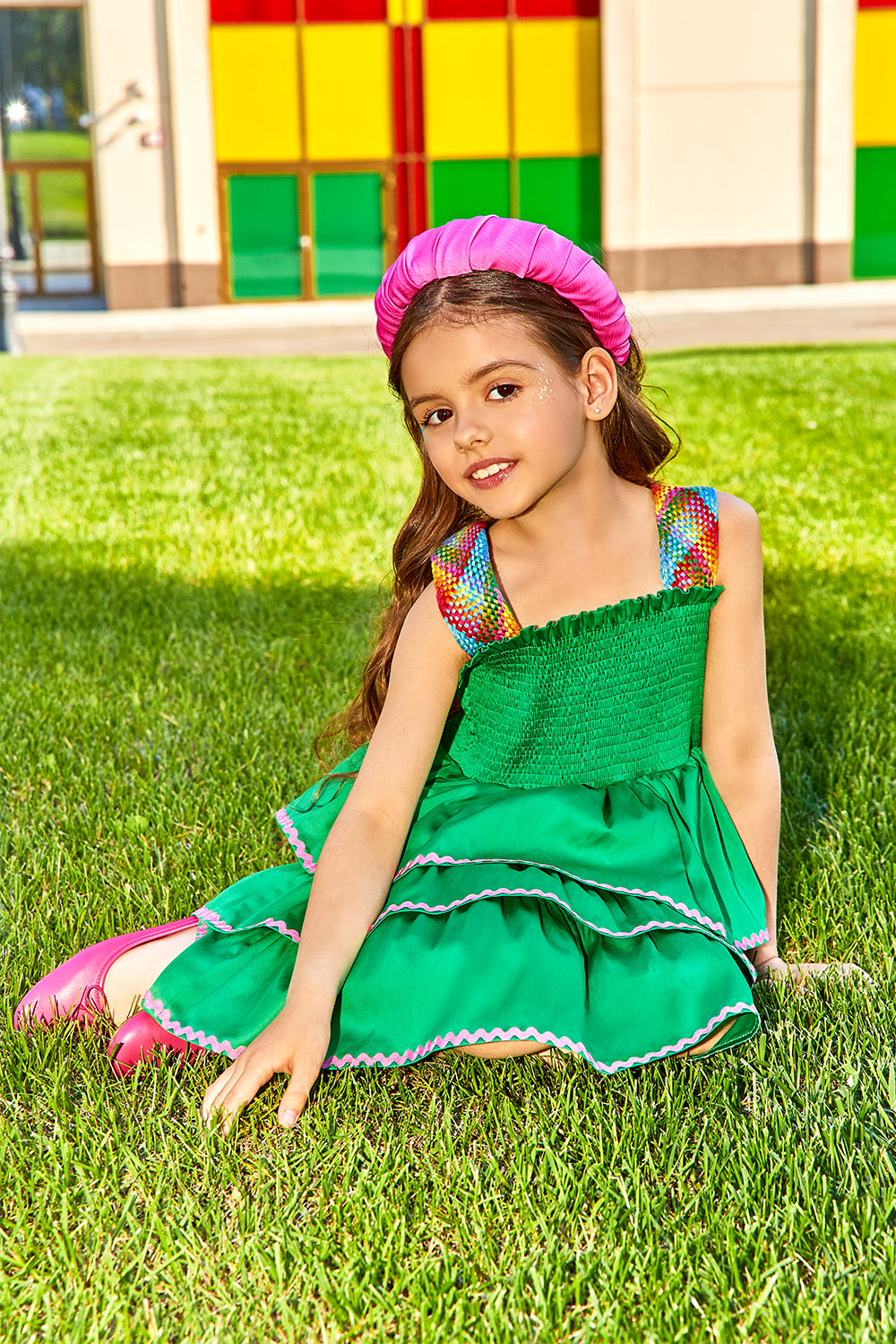 Green poplin cotton dress with multicolor straps