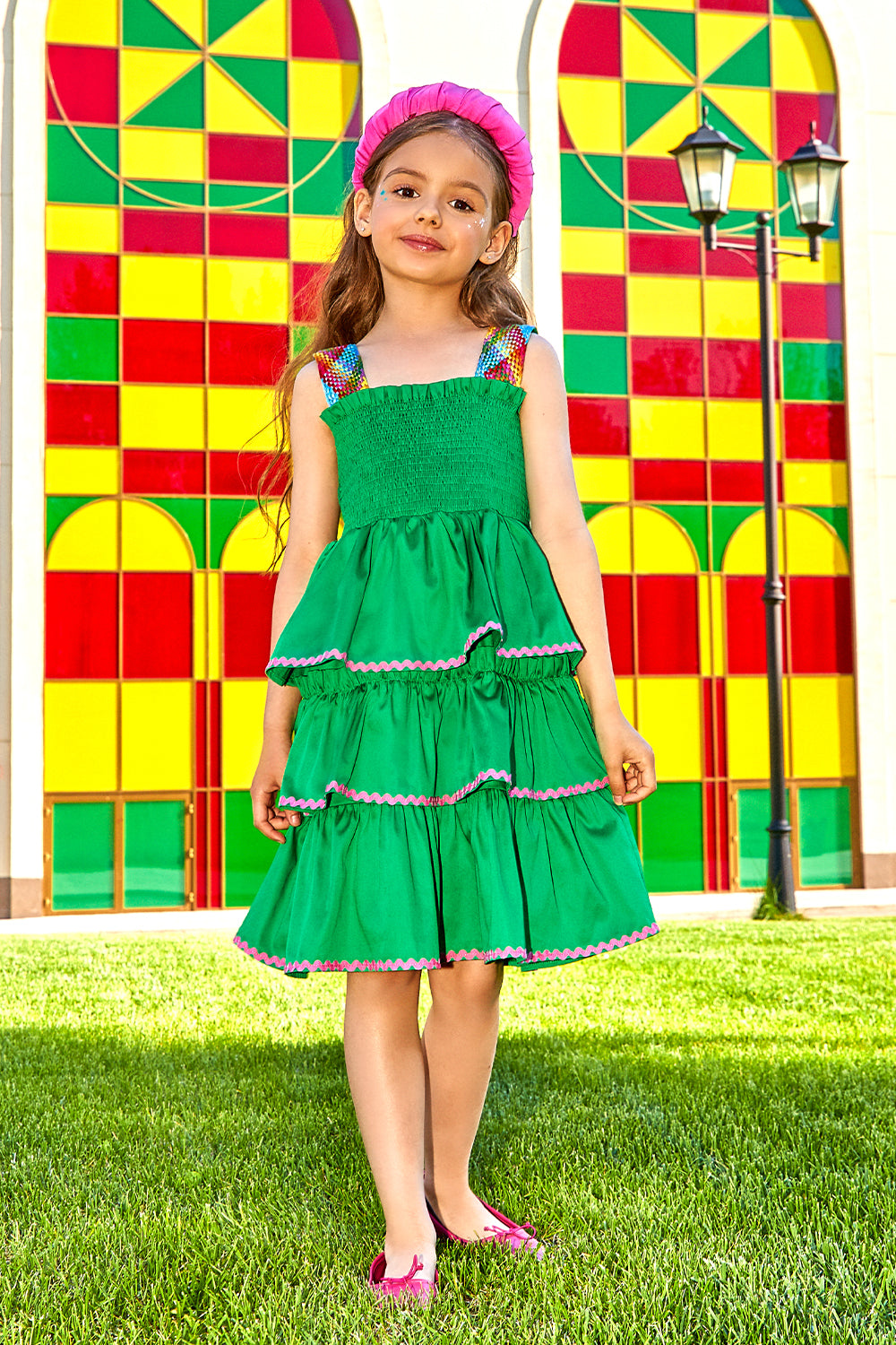 Green poplin cotton dress with multicolor straps