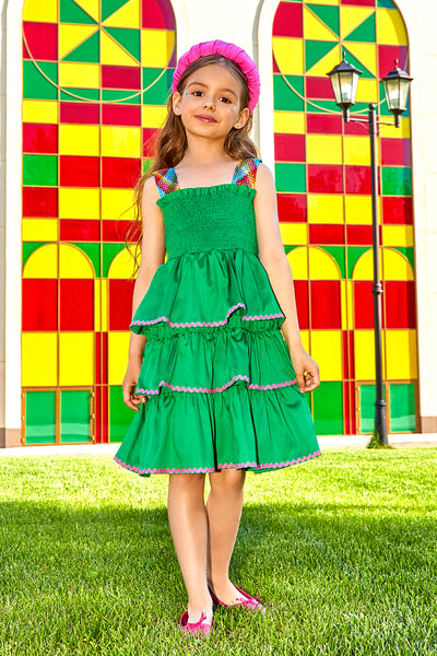 Green poplin cotton dress with multicolor straps