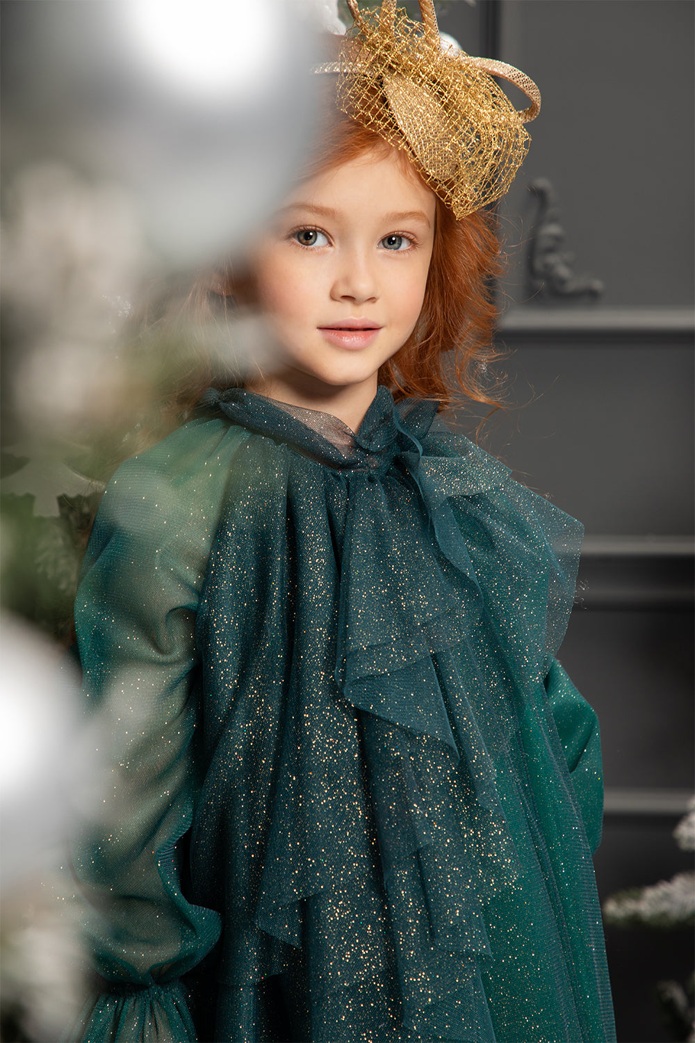 Green shimmering tulle loose fit dress with frill