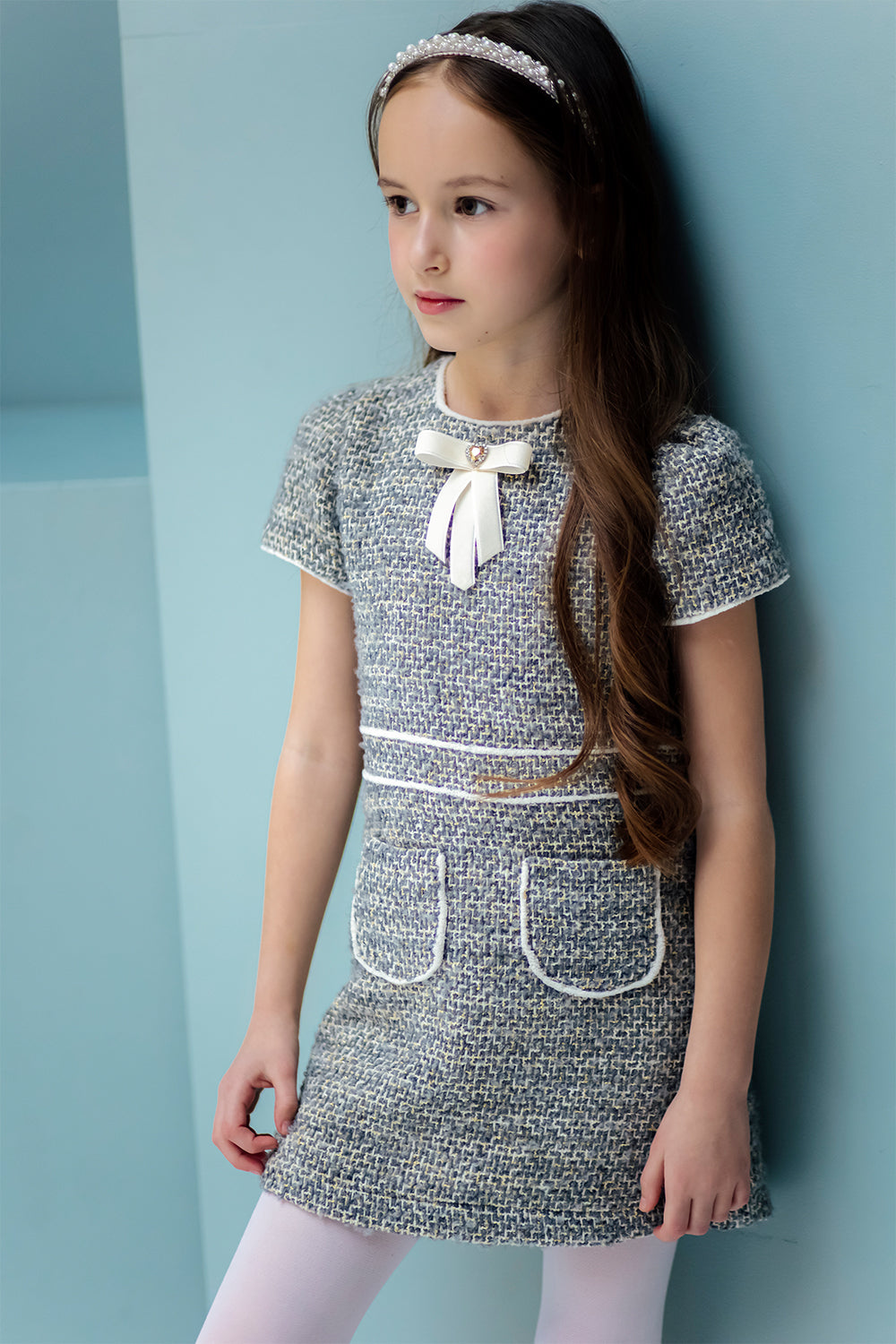 Gray and ivory tweed dress with pockets and velvet bow with crystals button