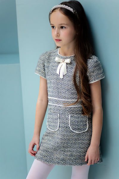 Grey and ivory tweed dress with pockets and velvet bow with crystals button