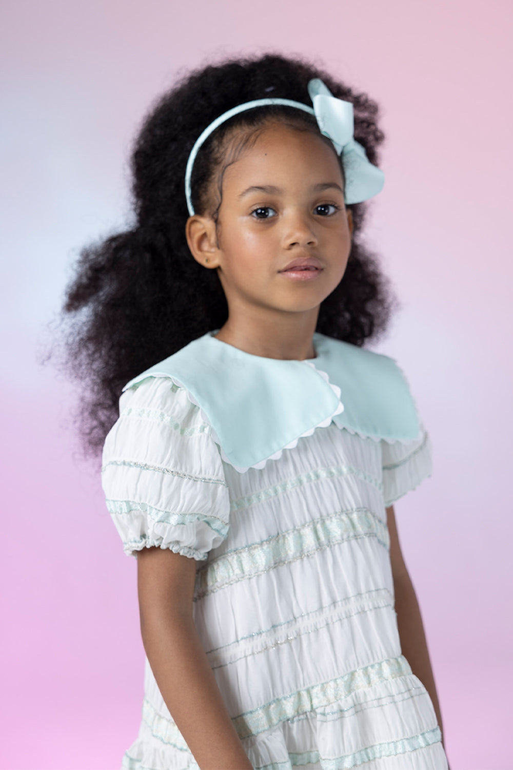 Ivory and mint striped loose fit dress with mint cotton collar