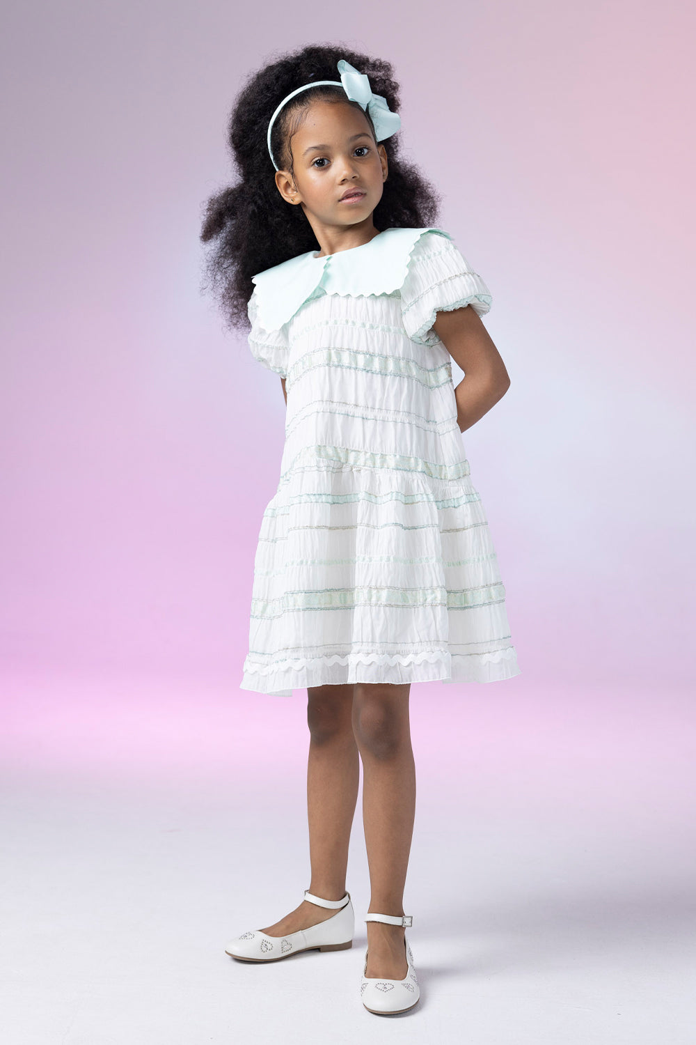 Ivory and mint striped loose fit dress with mint cotton collar