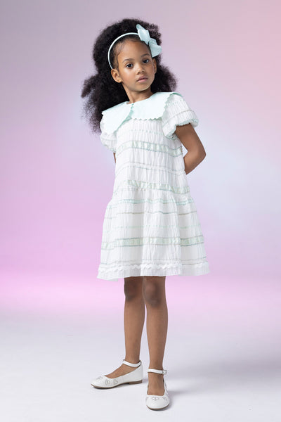 Ivory and mint striped loose fit dress with mint cotton collar