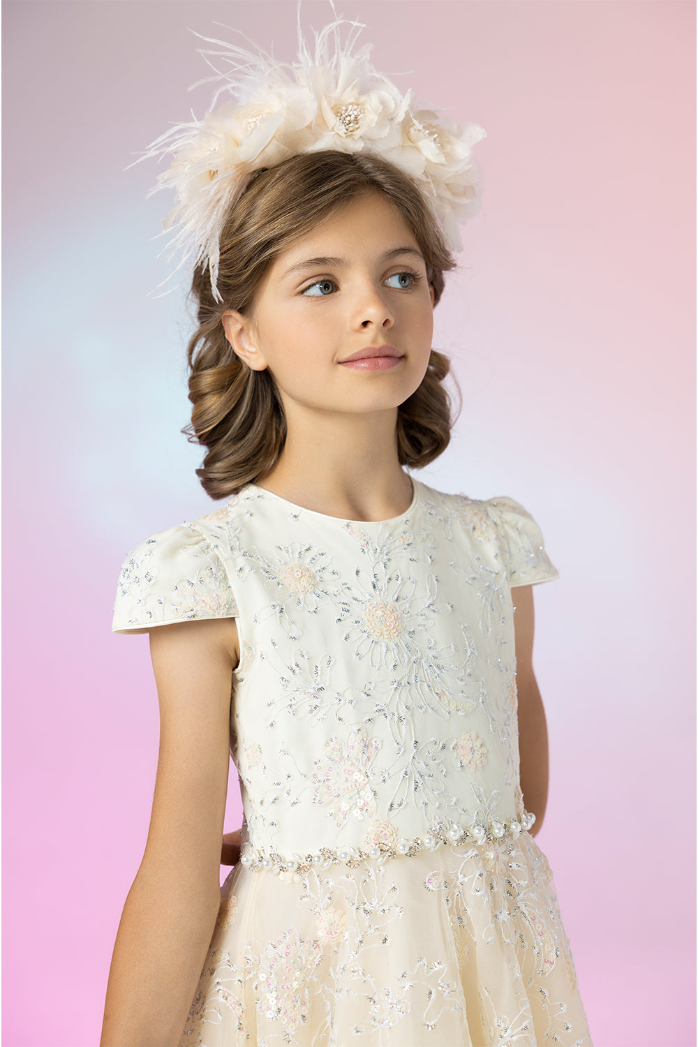 Ivory long dress with floral sequin embroidery, pearl and crystals waist decoration