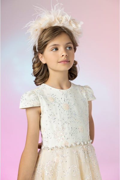 Ivory long dress with floral sequin embroidery, pearl and crystals waist decoration