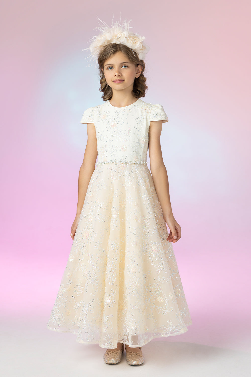 Ivory long dress with floral sequin embroidery, pearl and crystals waist decoration