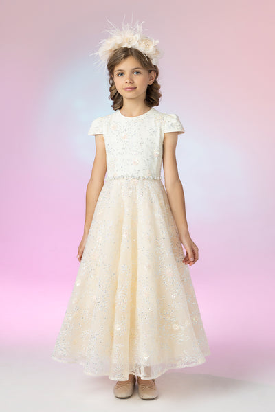 Ivory long dress with floral sequin embroidery, pearl and crystals waist decoration