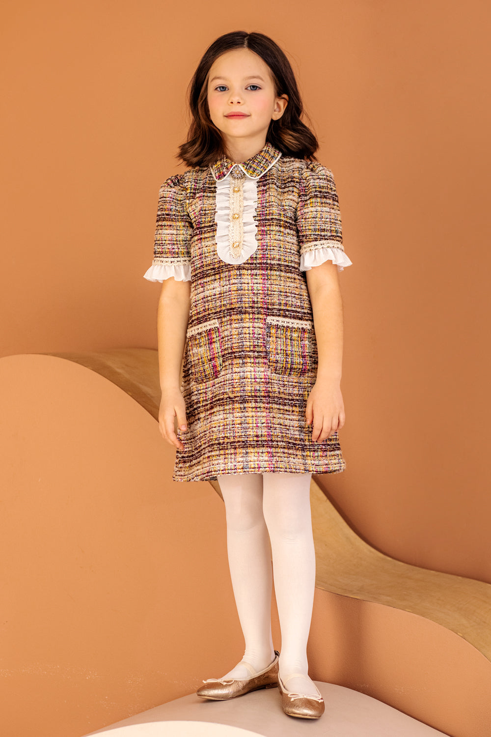 Ivory, mustard, green and pink tweed dress with crystal buttons, collar and pockets with pleated details