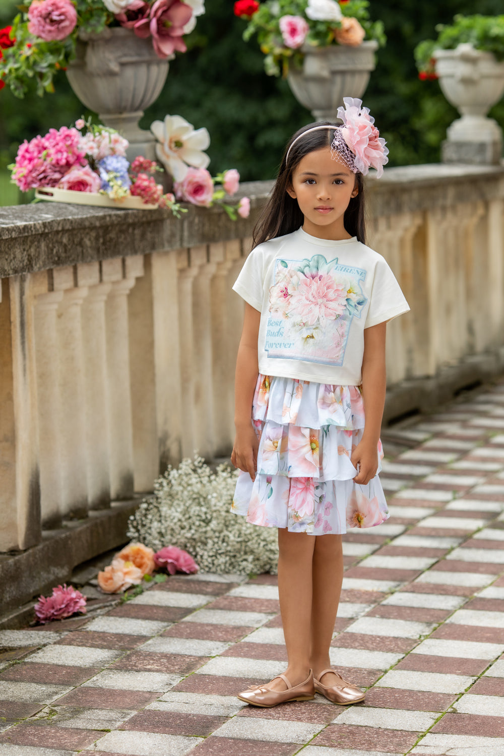 Light blue floral cotton layered skirt