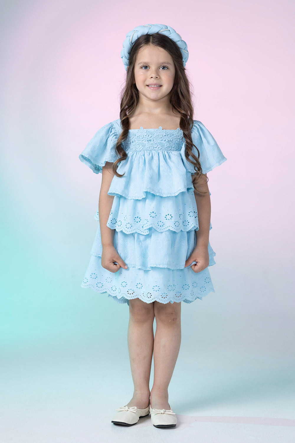 Light blue embroidered cotton/broderie anglaise layered dress