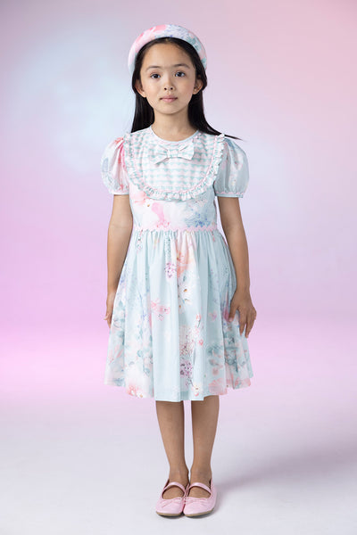 Light blue floral cotton dress with geometric pattern front detail and bow