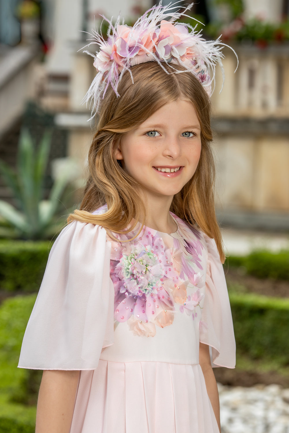 Light pink chiffon pleated dress with hand-embellished flowers Light pink chiffon pleated dress with hand-embellished flowers