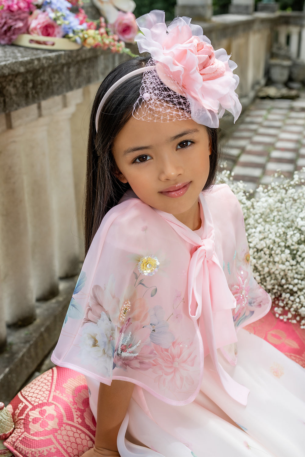 CAPE - light pink organza cape with floral print, sequin hand-embellishments and chiffon pussy bow