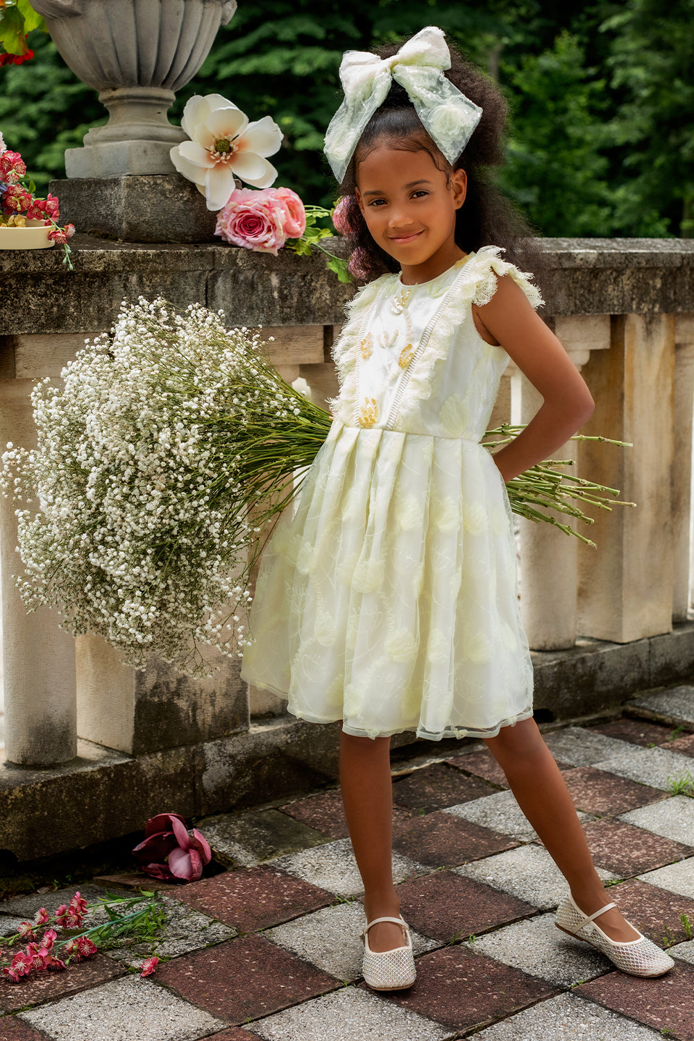 Light yellow floral lace dress with sequin hand-embellishments