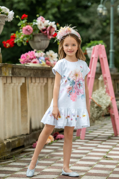 Light blue floral cotton dress with hand-embellishments