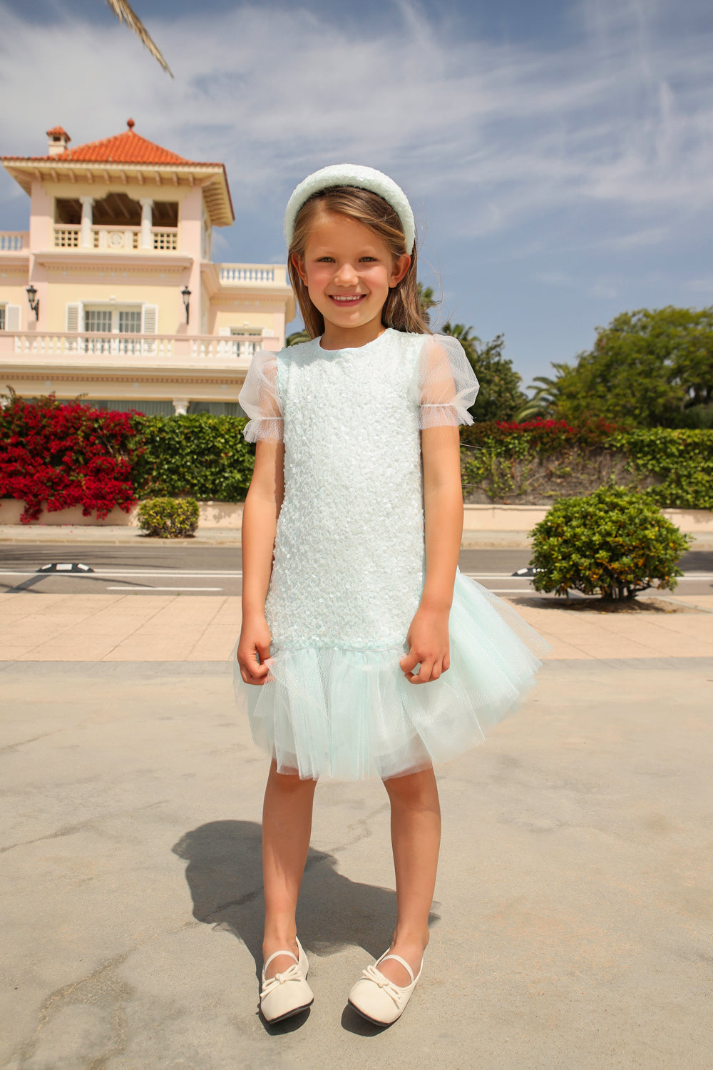 Light blue sequin dress with shimmering tulle