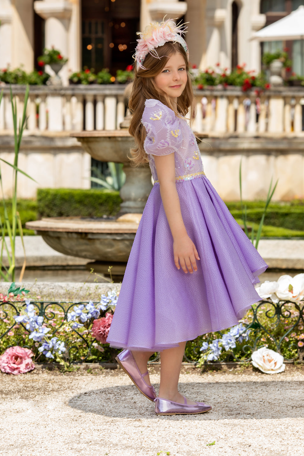 Light purple floral lace and jacquard organza dress with sequin hand e EIRENE Luxury Fashion for Girls and Women