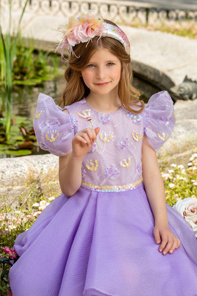 Light purple floral lace and jacquard organza dress with sequin hand-embellishments