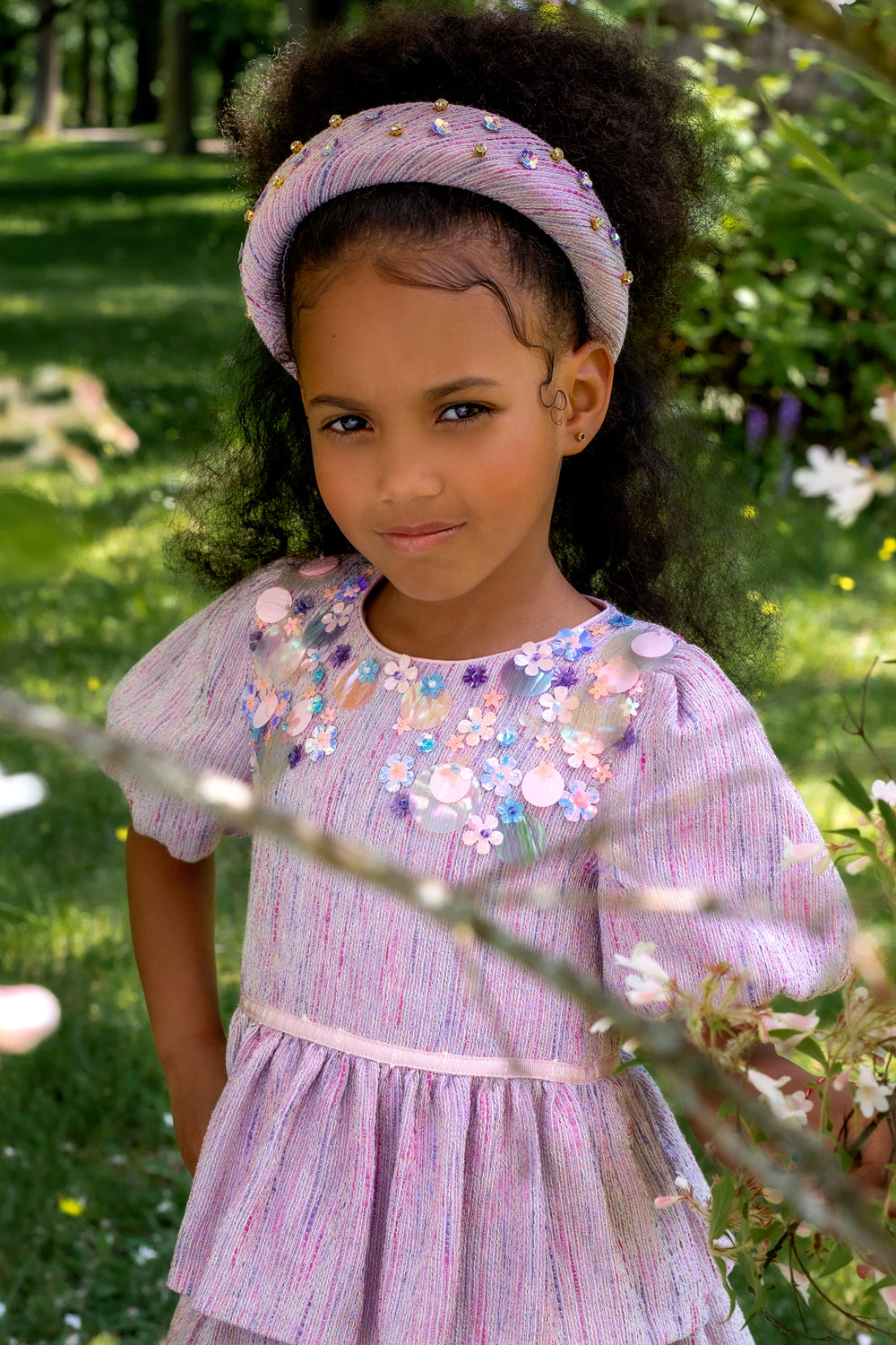 Lilac Coco summer tweed layered dress with sequin hand-embellishments