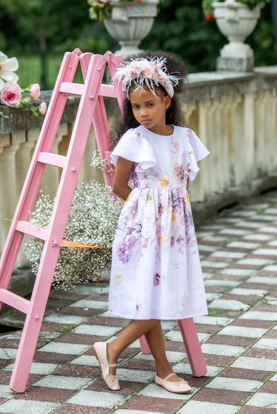 Lilac floral cotton dress with frilled sleeves and hand-embellished upper part