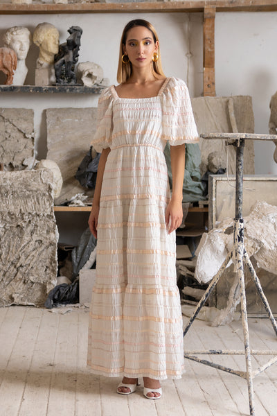 Long white dress with peach stripes