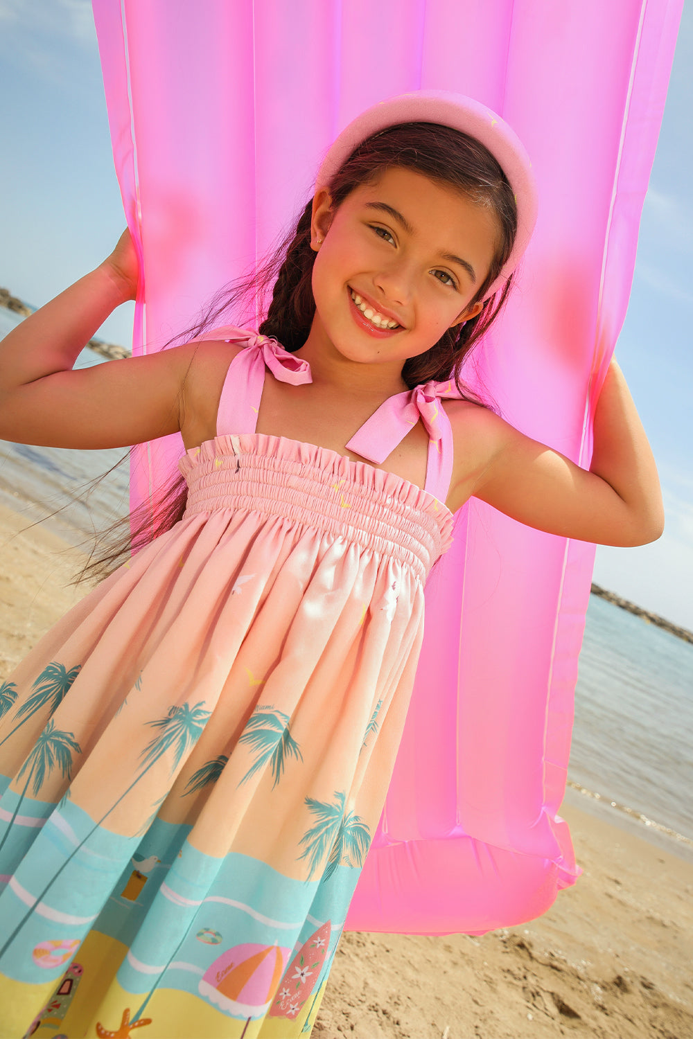 Miami pink, peach, blue and yelow obmbré smocked cotton dress with straps