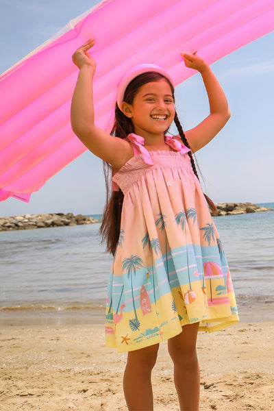 Miami pink, peach, blue and yelow obmbré smocked cotton dress with straps