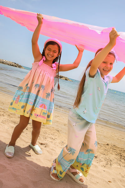 Miami pink, peach, blue and yelow obmbré smocked cotton dress with straps