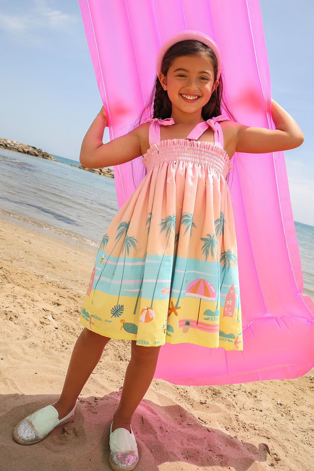 Miami pink, peach, blue and yelow obmbré smocked cotton dress with straps