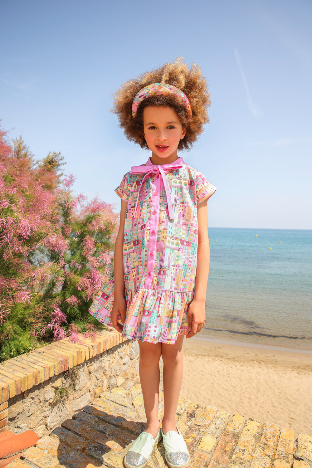 Miami city landscape cotton dress with pink bow