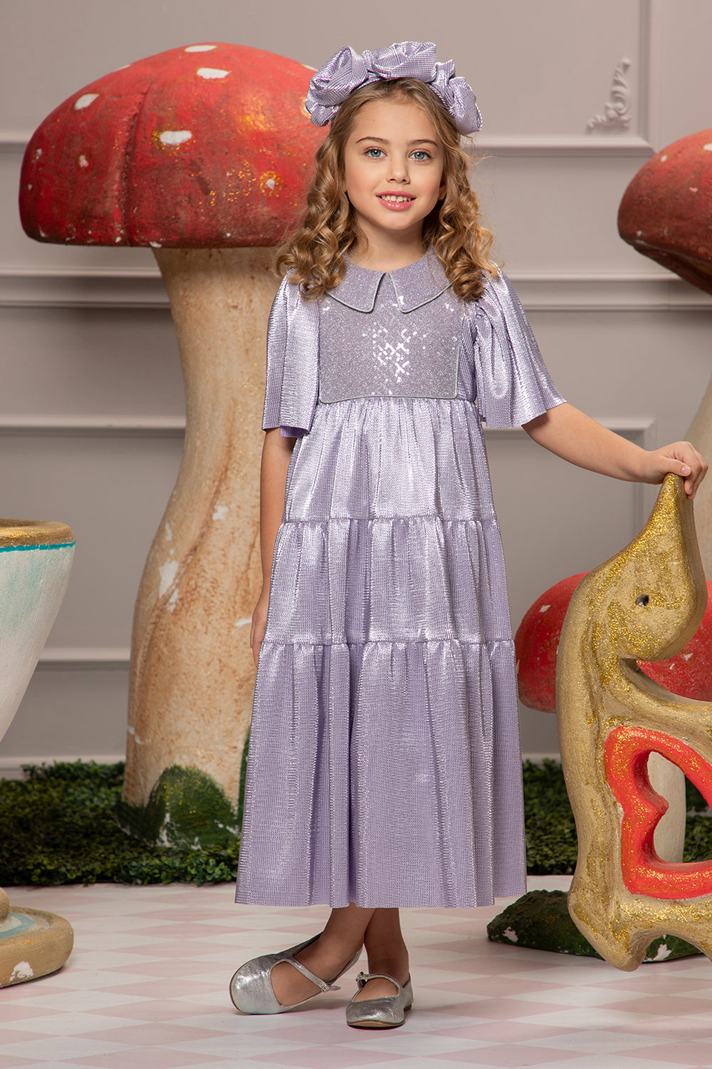 Micro pleated violet dress with lace upper part and collar