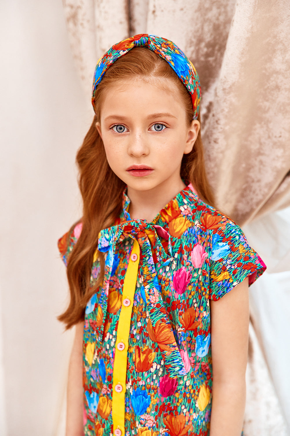 Multicolor tulips Liberty print cotton shirt dress with yellow grossgrain ribbon detail