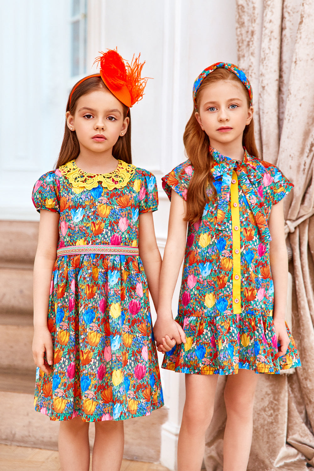 Multicolor tulips Liberty print cotton shirt dress with yellow grossgrain ribbon detail