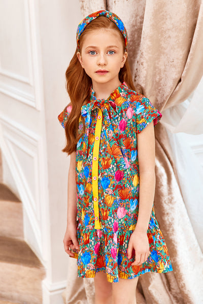 Multicolor tulips Liberty print cotton shirt dress with yellow grossgrain ribbon detail