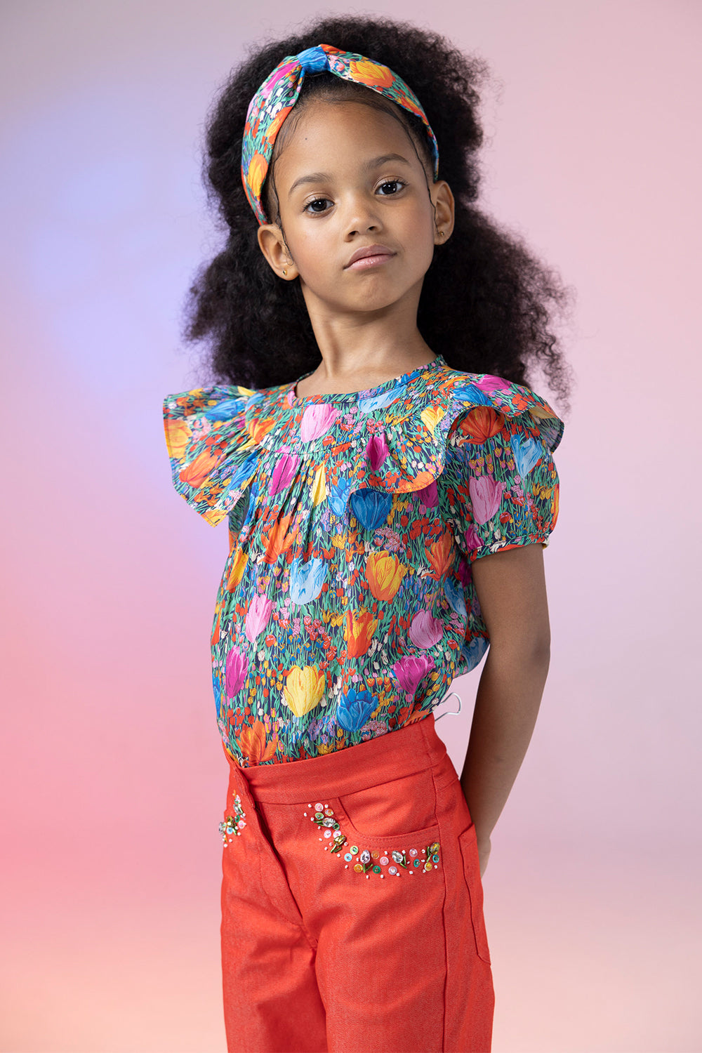 Multicolor tulips Liberty print cotton shirt with frills