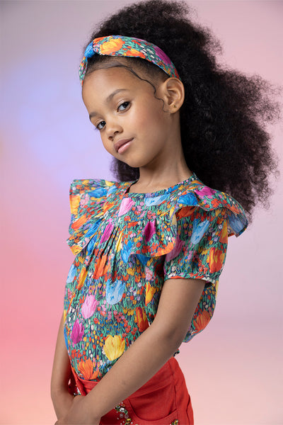 Multicolor tulips Liberty print cotton shirt with frills