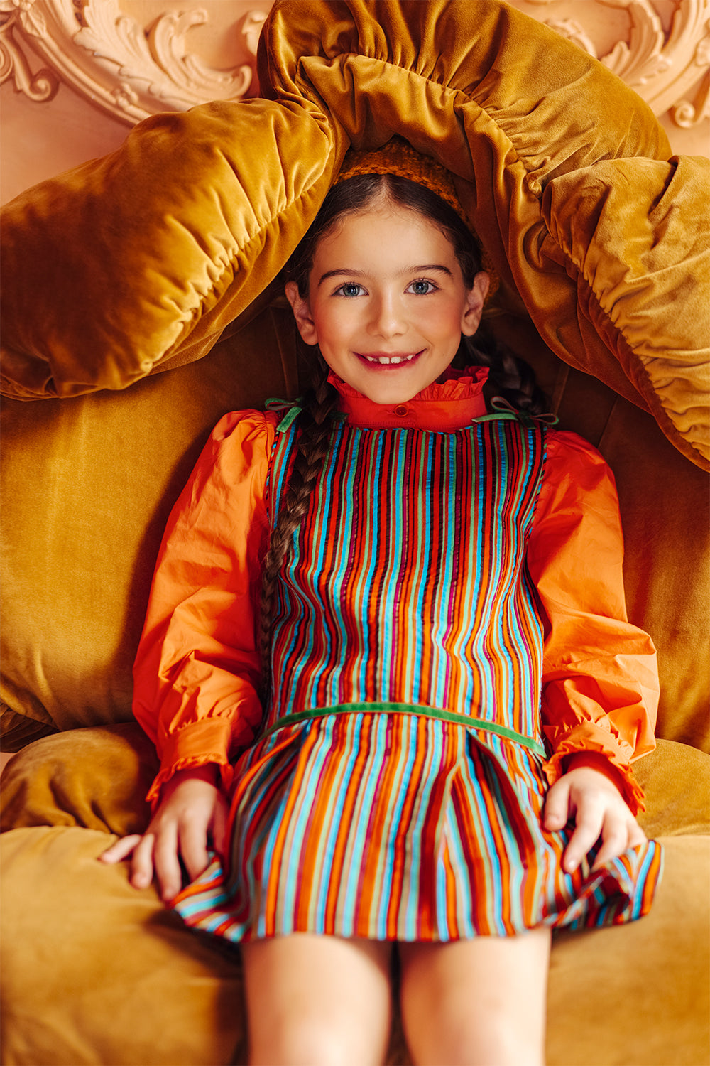Orange, green and blue dress with green/orange velvet ribbon