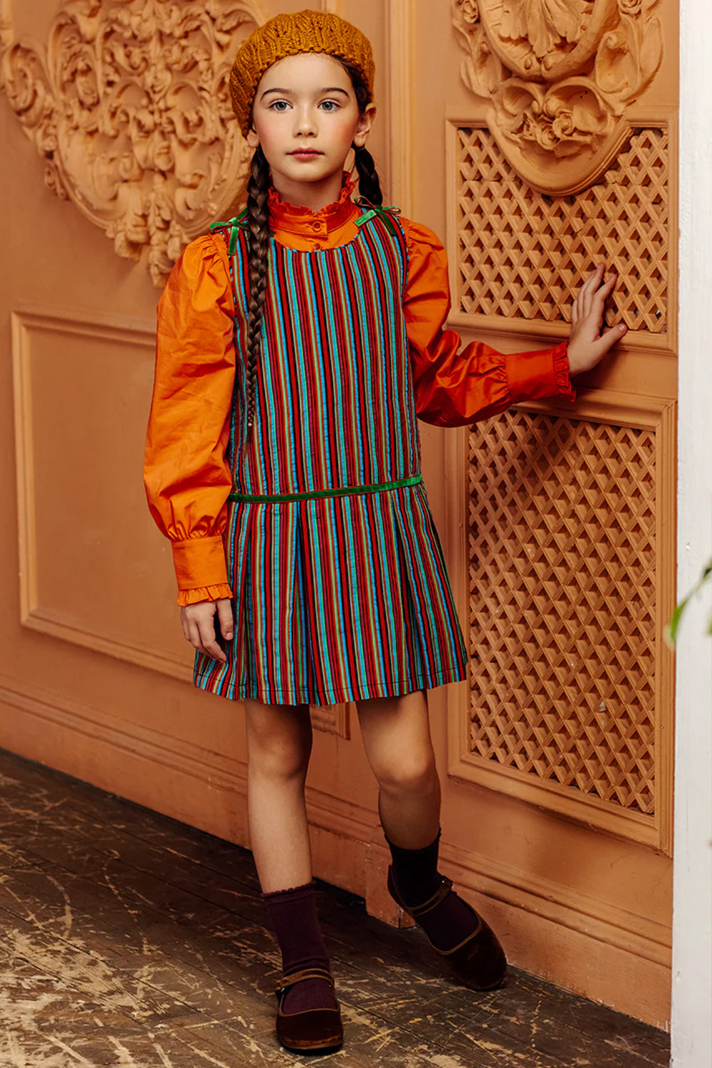 Orange, green and blue dress with green/orange velvet ribbon