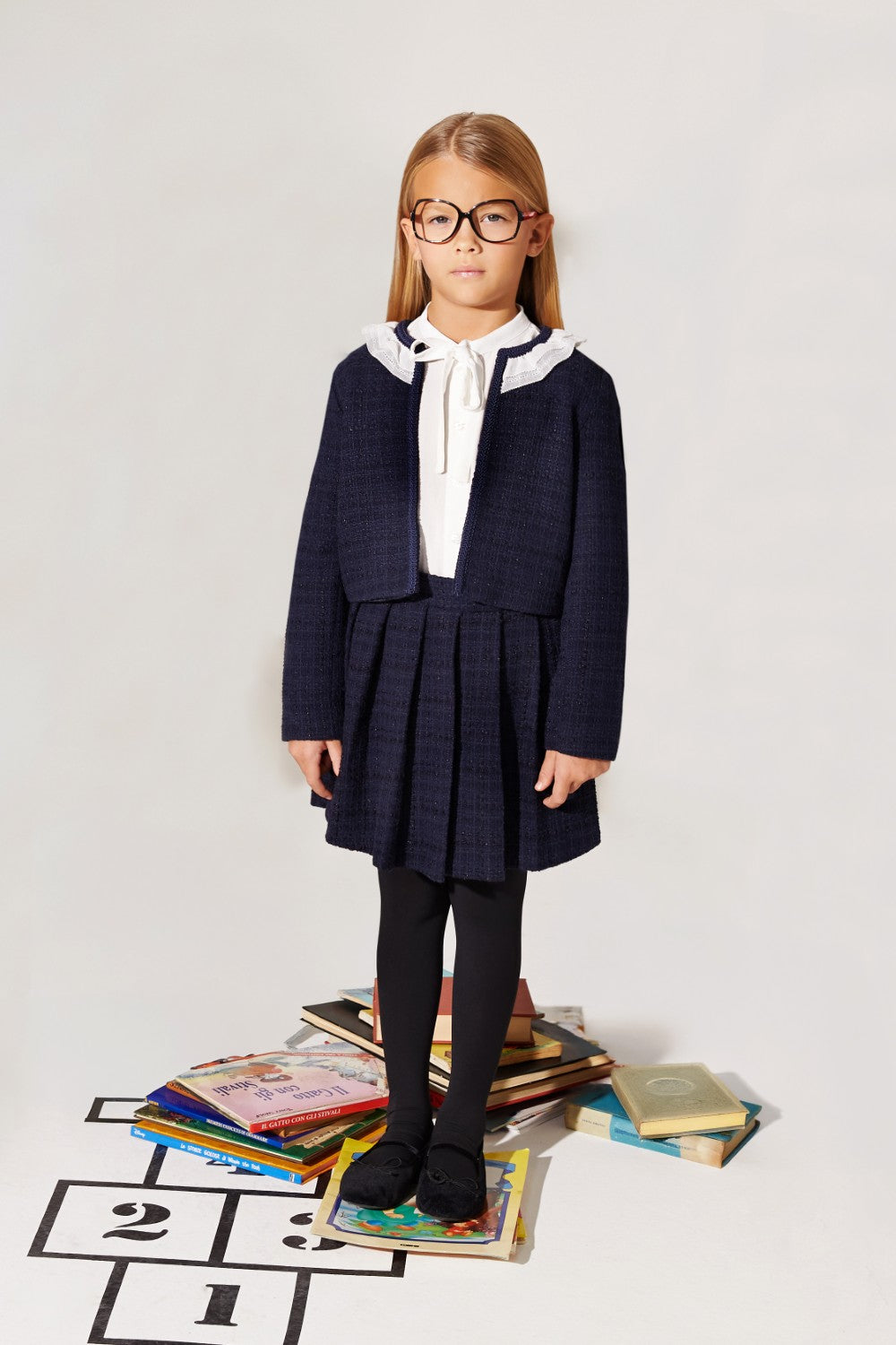 Blue woven tweed blazer with chiffon collar for designer kids clothes.