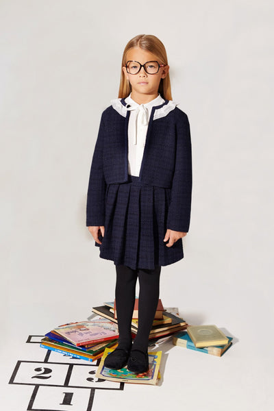 Blue woven tweed blazer with chiffon collar for designer kids clothes.