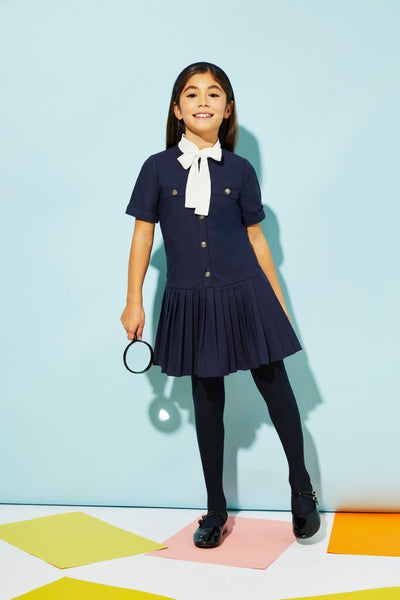 Blue woven low waist dress with removable pussy bow, suitable for a special occasion dress for girls.